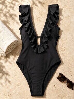 Michael Kors Black Ruffle Plunge One Piece Swimsuit NWOT Size 6